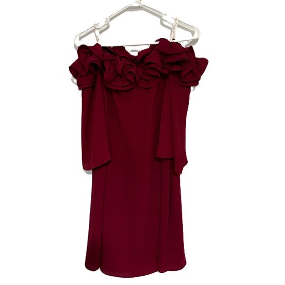 Halston Heritage NWT off-the-shoulder mini dress burgundy ruffled neckline - Picture 5 of 11